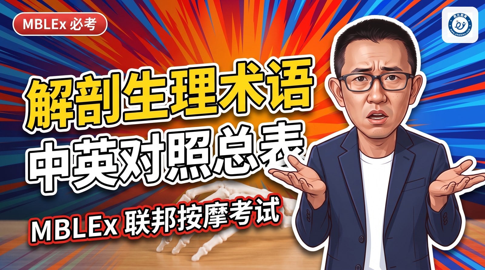 封面：张老师两手一摊，标题「解剖生理术语 中英对照总表」，背景是一只手骨模型