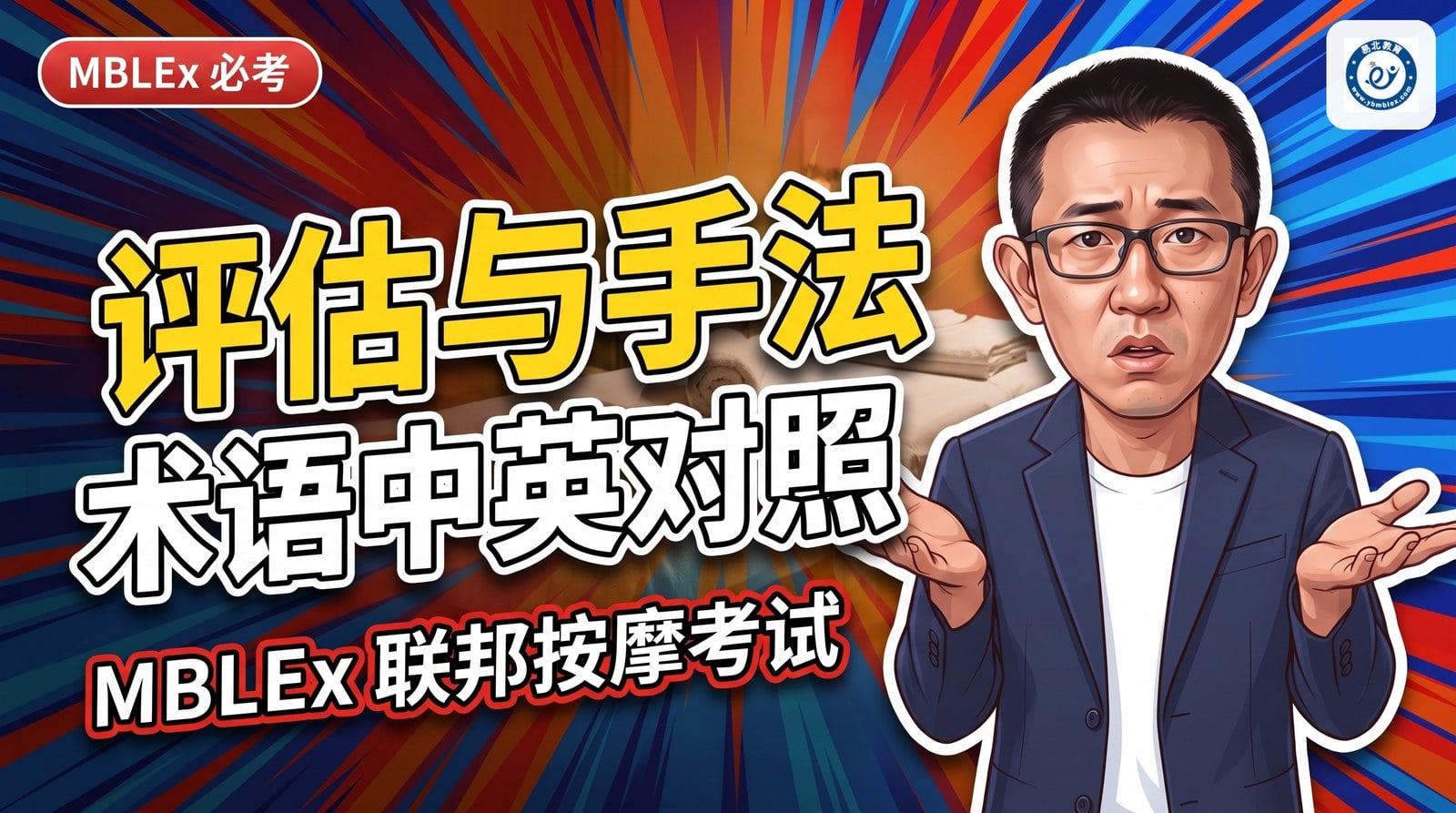 封面：张老师两手一摊，标题「评估与手法 术语中英对照」，背景是按摩床和毛巾